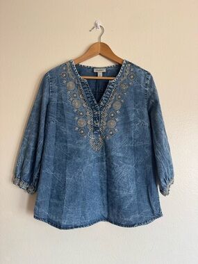 Dress Barn Blue Embroidered V-Neck Blouse